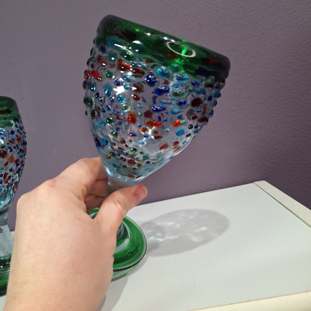 Hand-blown thick confetti glass wayer goblets set of 2 green blue speckled - Picture 4 of 5